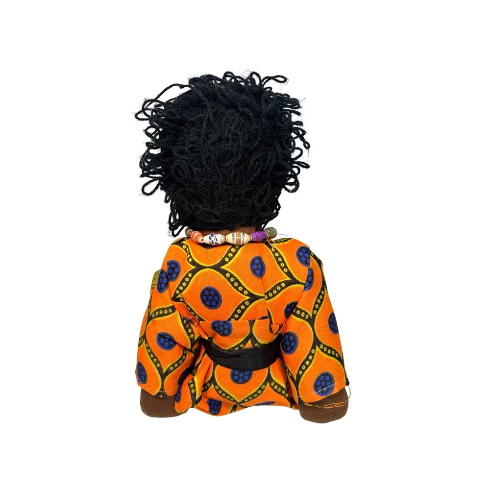 VTG Handmade African Folk Art Cloth Doll Orange Geometric Dress‎ Beaded Necklace